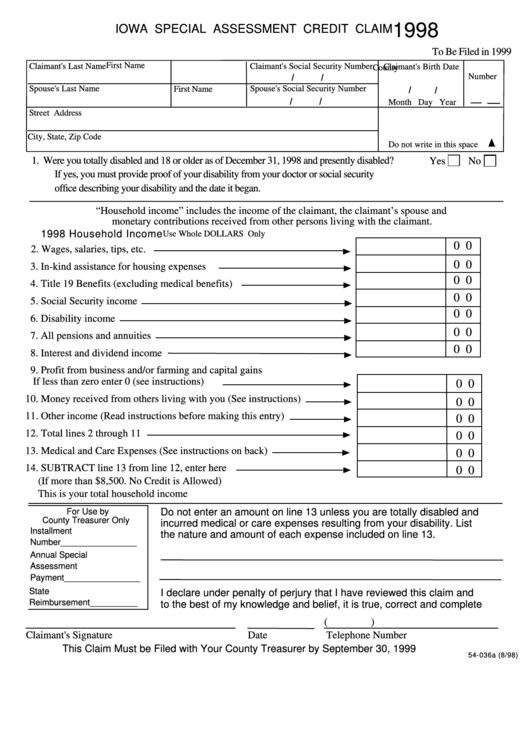 Fillable Form 54-036a - Iowa Special Assessment Credit Claim - 1998 Printable pdf