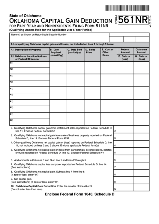 Form 561nr - Oklahoma Capital Gain Deduction For Part-Year And Nonresidents - 2007 Printable pdf