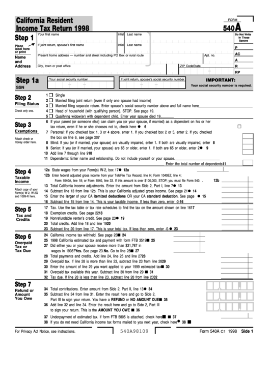 Fillable Form 540a - California Resident Income Tax Return - 1998 Printable pdf