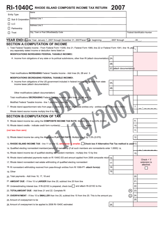 Form Ri-1040c - Rhode Island Composite Income Tax Return - 2007 Printable pdf