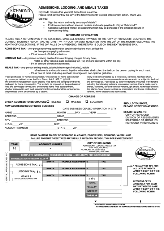 Fillable Admissions, Lodging, And Meals Taxes - City Of Richmond - 2016 Printable pdf