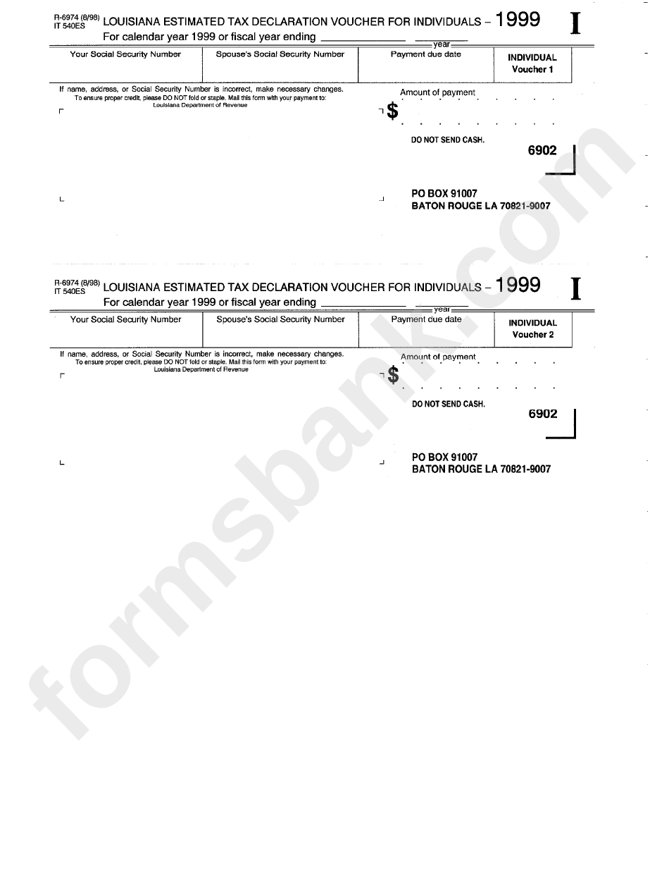 Form R-6974 - Louisiana Estimated Tax Declaration Voucher For Individuals - 1999