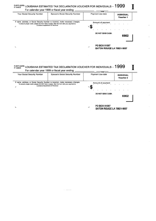 Fillable Form R-6974 - Louisiana Estimated Tax Declaration Voucher For Individuals - 1999 Printable pdf
