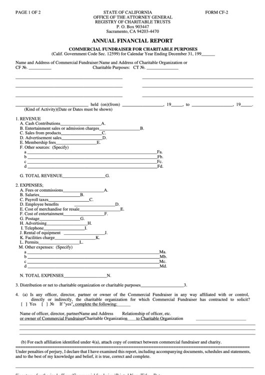 Fillable Form Cf-2 - Annual Financial Report - California Office Of The Attorney General Printable pdf