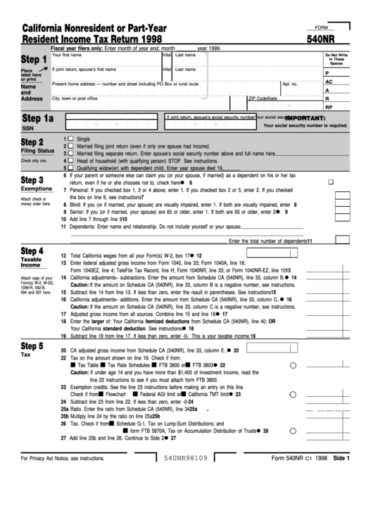 Fillable Form 540nr California Nonresident Or PartYear Resident