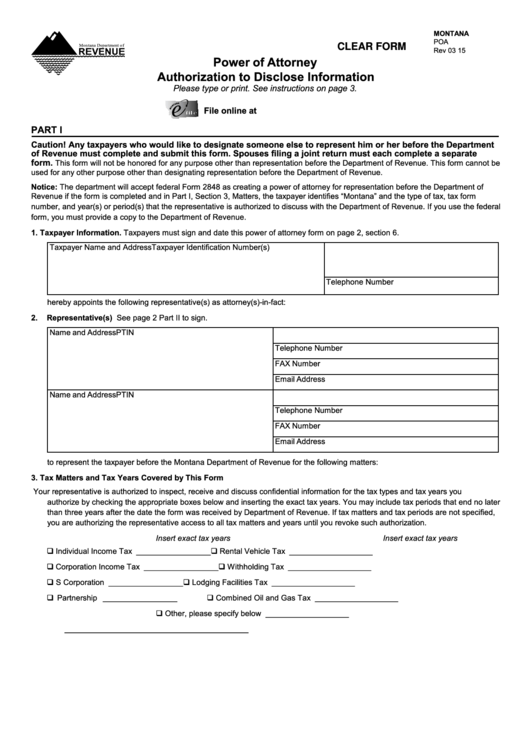 Fillable Form Poa - Power Of Attorney - Authorization To Disclose Information - Montana Department Of Revenue Printable pdf