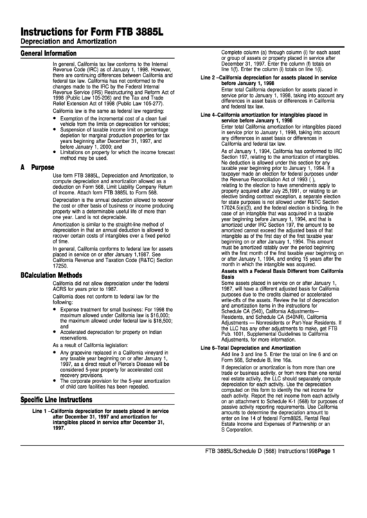 Instructions For Form Ftb 3885l - Depreciation And Amortization - 1998 Printable pdf