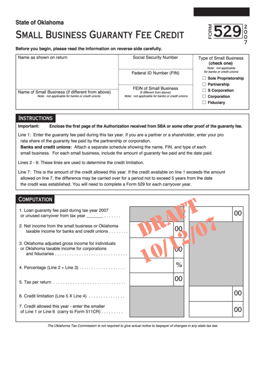 Form 529 Draft - Small Business Guaranty Fee Credit - 2007 Printable pdf
