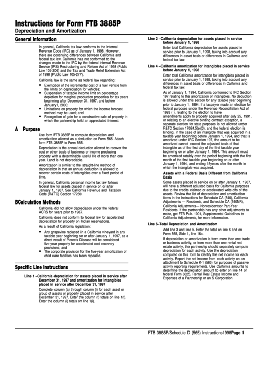 Instructions For Form Ftb 3885p - Depreciation And Amortization - 1998 Printable pdf