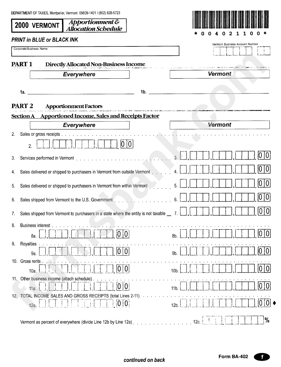 Form Ba-402 - Apportionment & Allocation Schedule - 2000