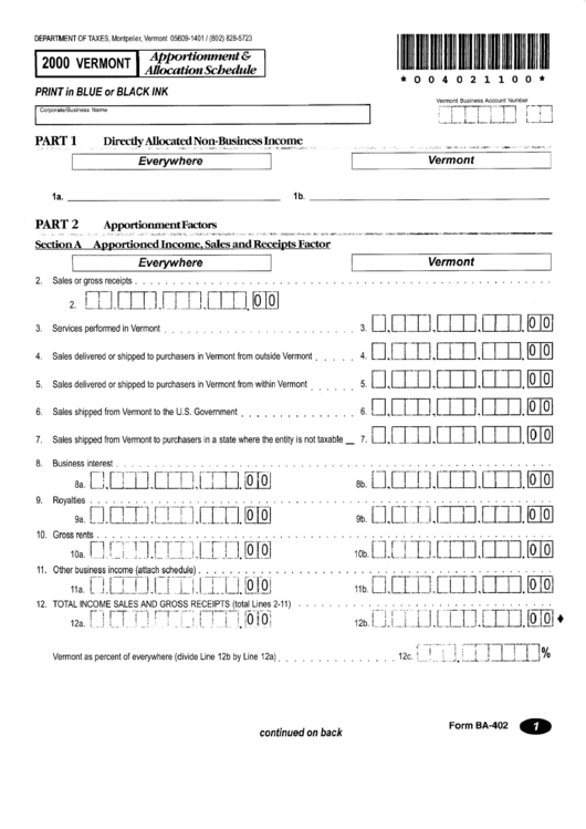 Form Ba-402 - Apportionment & Allocation Schedule - 2000 Printable pdf
