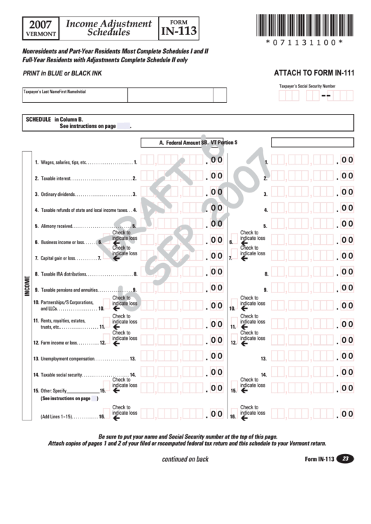 Form In-113 Draft - Vermont Income Adjustment Schedules - 2007 Printable pdf