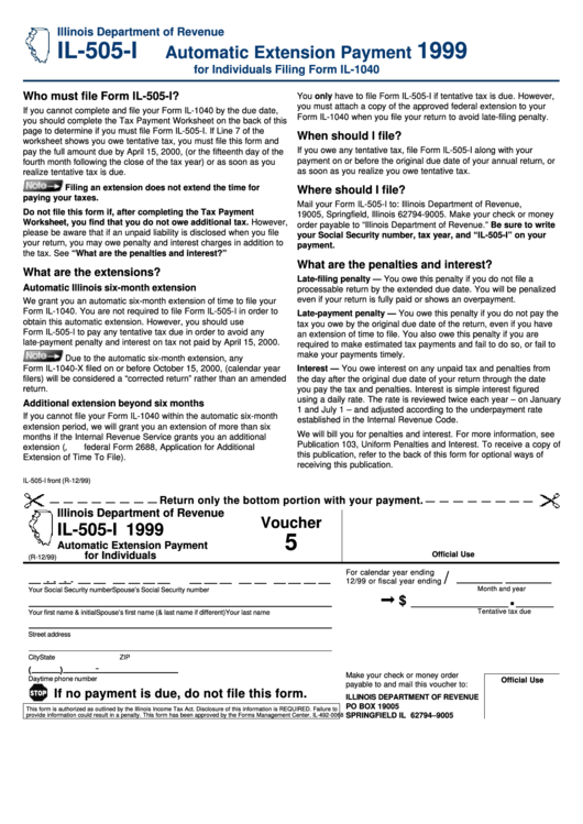 Form Il-505-I - Automatic Extension Payment For Individuals - 1999 Printable pdf