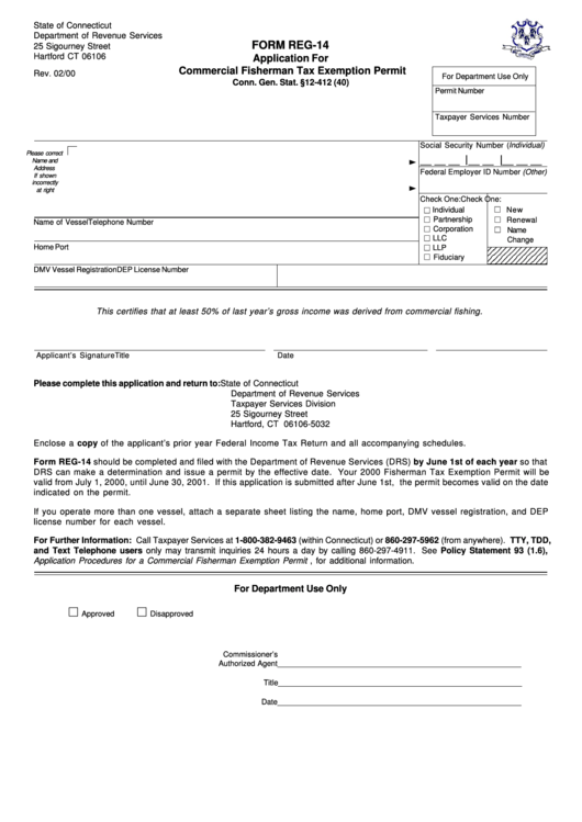 Fillable Form Reg-14 - Application For Commercial Fisherman Tax Exemption Permit - 2000 Printable pdf