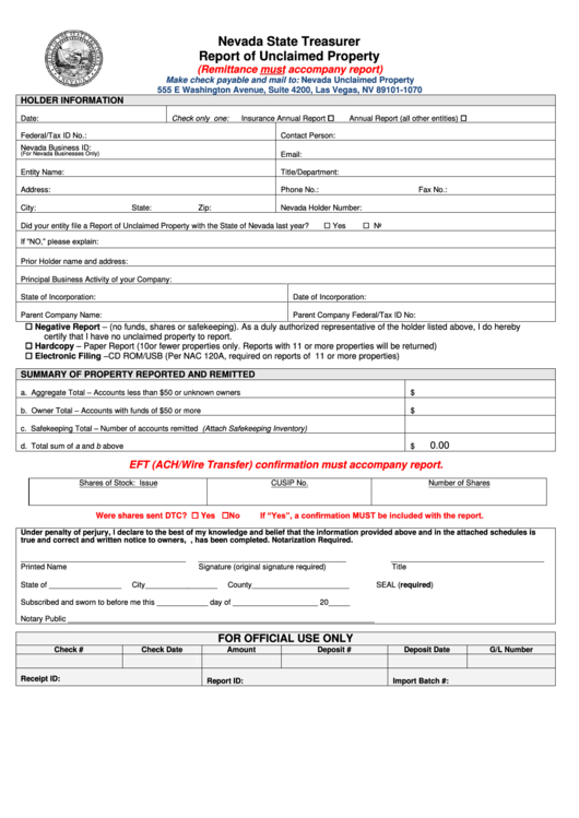 Fillable Report Of Unclaimed Property - Nevada State Treasurer Printable pdf