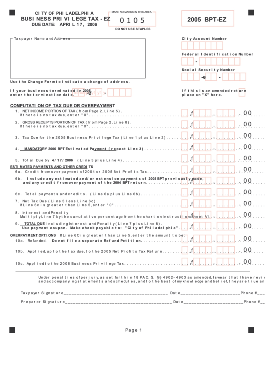 Form Bpt-Ez - Business Privilege Tax - 2005 Printable pdf
