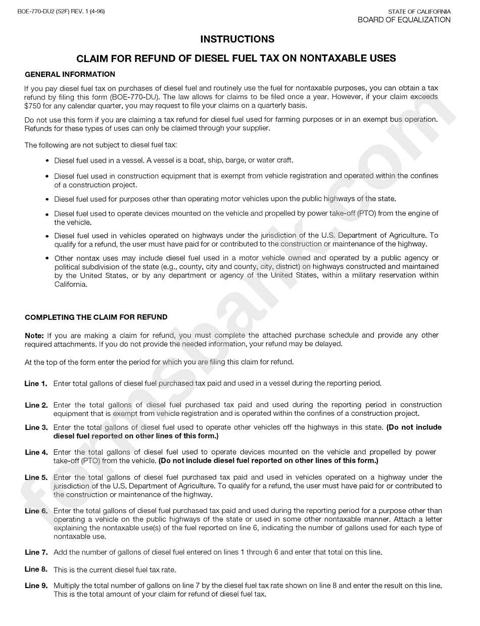 Instructions For Claim For Refund Of Diesel Fuel Tax On Nontaxable Uses