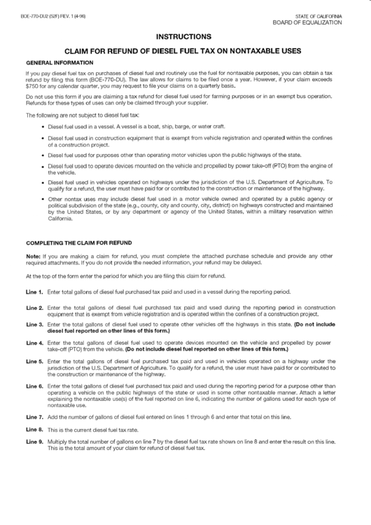 Instructions For Claim For Refund Of Diesel Fuel Tax On Nontaxable Uses Printable pdf