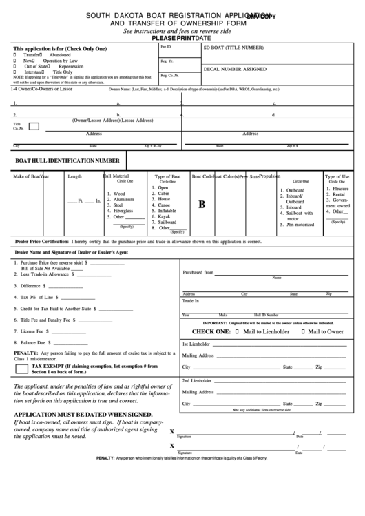 Fillable South Dakota Boat Registration Application And Transfer Of Ownership Form Printable pdf