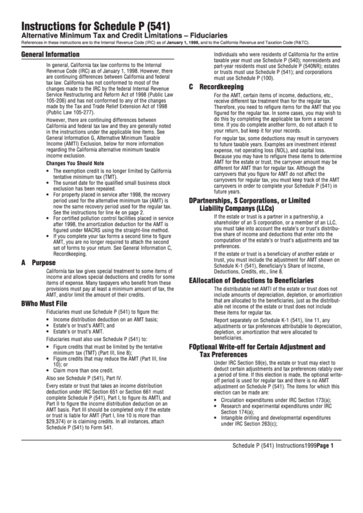 Instructions For Schedule P (541) - Alternative Minimum Tax And Credit Limitations - Fiduciaries - 1999 Printable pdf