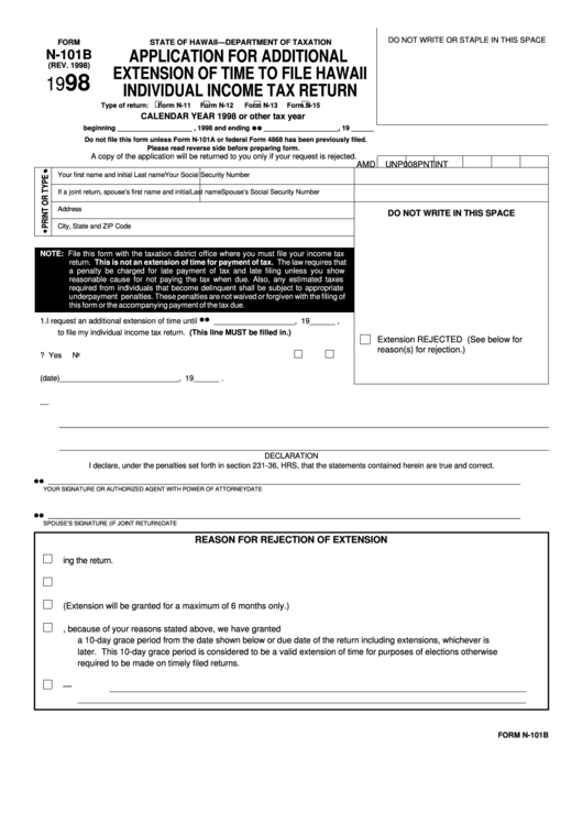 Fillable Form N-101b - Application For Additional Extension Of Time To File Hawaii Individual Income Tax Return - State Of Hawaii Department Of Taxation - 1998 Printable pdf