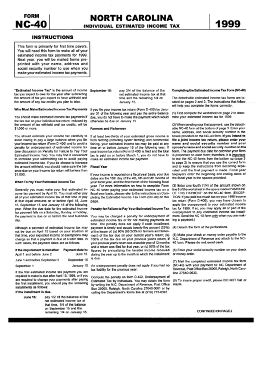 Form Nc 40 Individual Estimated Income Tax 1999 Printable Pdf Download