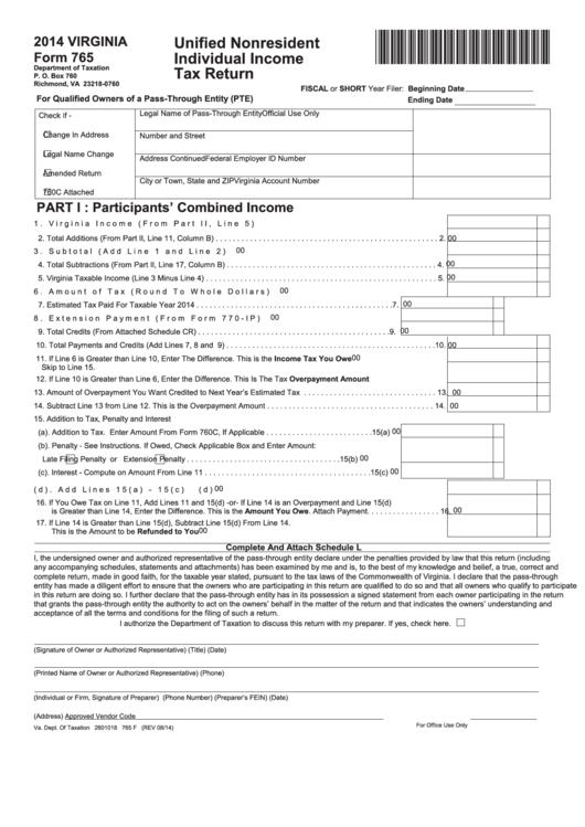 Form 765 - Unified Nonresident Individual Income Tax Return - 2014 Printable pdf