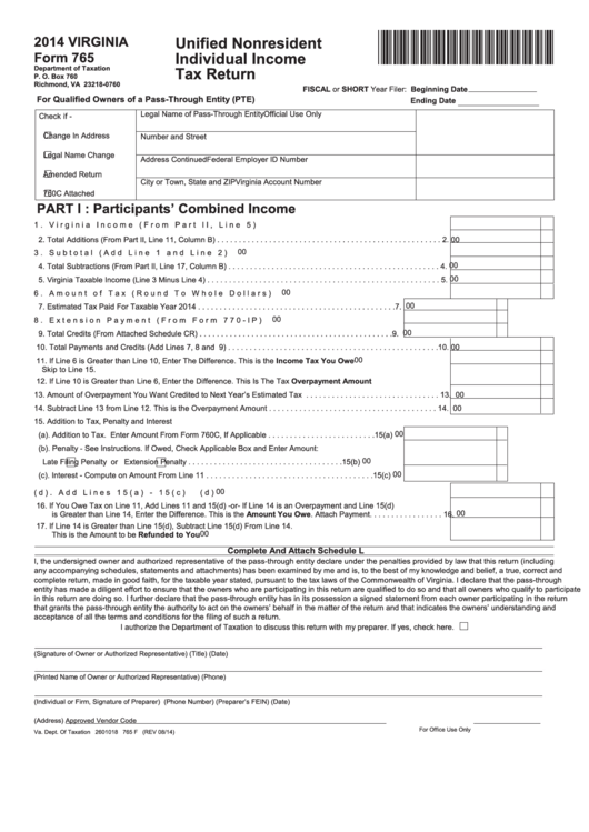 Form 765 - Unified Nonresident Individual Income Tax Return - 2014 ...