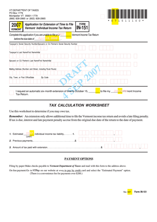 Form In-151 Draft - Application For Extension Of Time To File Vermont Individual Income Tax Return - 2007 Printable pdf