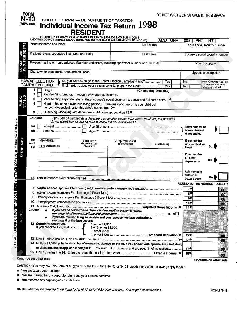 Download Fillable Form N-13 - Individual Income Tax Return Resident - Hawaii Department Of Taxation ...