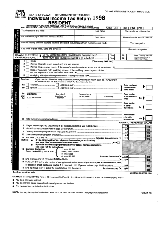 Fillable Form N-13 - Individual Income Tax Return Resident - Hawaii Department Of Taxation - 1998 Printable pdf