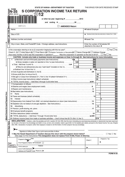 Form N-35 - S Corporation Income Tax Return - 2012 Printable pdf