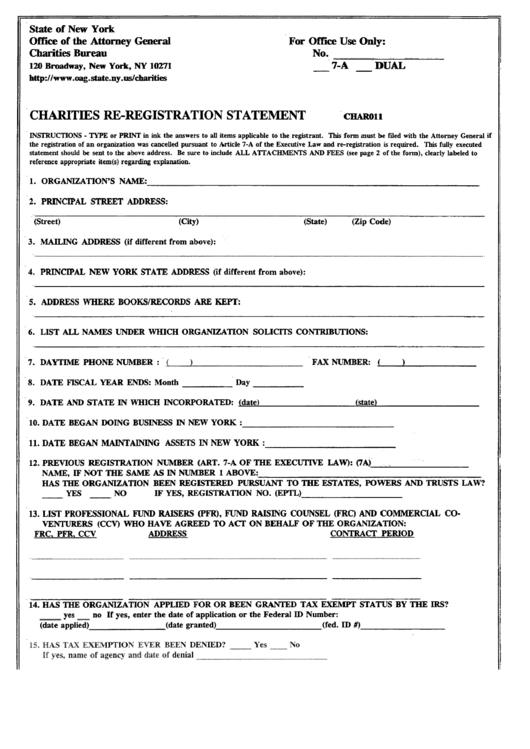 Form Char011 - Charities Re-Registration Satetment Printable pdf