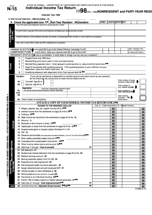 Fillable Form N-15 - Individual Income Tax Return Nonresident And Part-Year Resident - 1998 Printable pdf