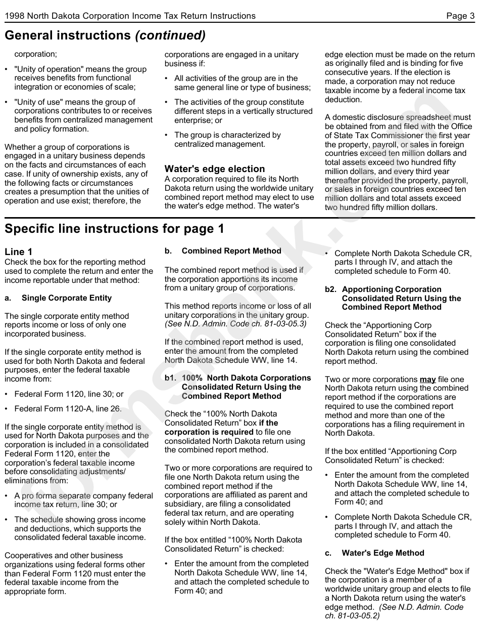 Instructions For Form 40 - North Dakota Corporation Income Tax Return - 1998