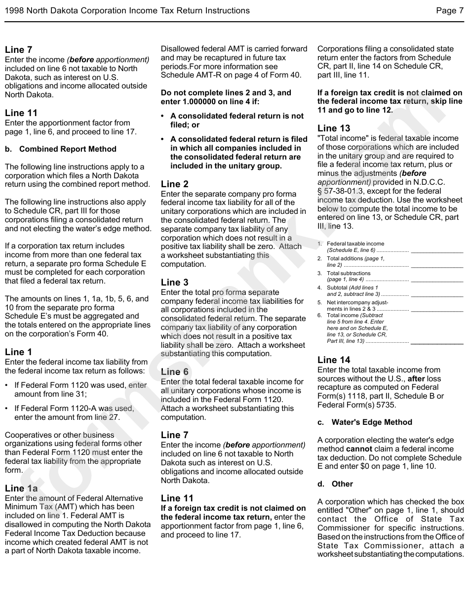 Instructions For Form 40 - North Dakota Corporation Income Tax Return - 1998