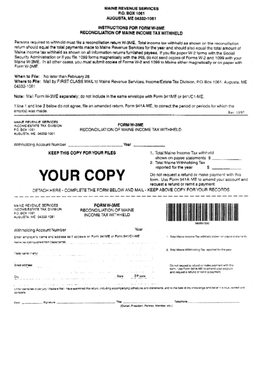 Form W-3me - Reconciliation Of Maine Income Tax Withheld Printable pdf