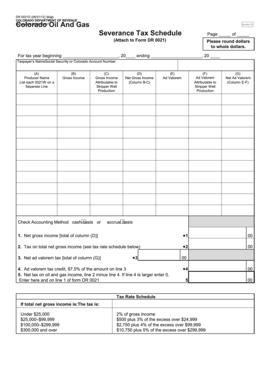 Attach To Form Dr 0021d - Colorado Oil And Gas Severance Tax Schedule - 2012 Printable pdf