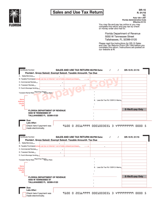 Form Dr-15 - Sales And Use Tax Return - 2015 Printable pdf
