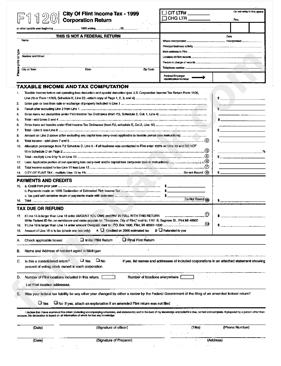 Form F1120 - City Of Flint Income Tax - Corporation Return - 1999