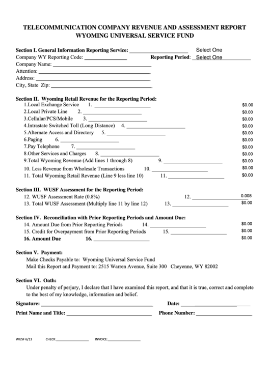 Fillable Form Wusf - Telecomunication Company Revenue And Assessment Report Wyoming Universal Service Fund Printable pdf