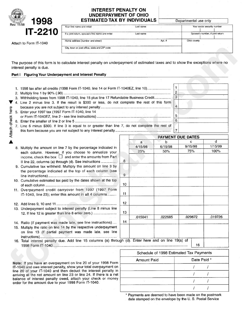 Fillable Form It 2210 Interest Penalty On Underpayment Of Ohio 