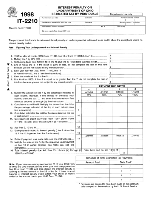 Fillable Form It-2210 - Interest Penalty On Underpayment Of Ohio Estimated Tax By Individuals - 1998 Printable pdf