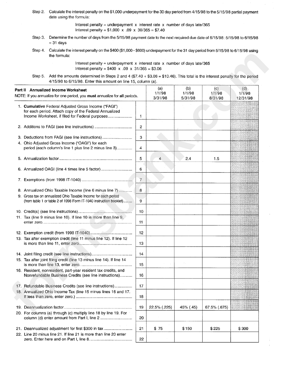 Form It-2210 - Interest Penalty On Underpayment Of Ohio Estimated Tax By Individuals - 1998