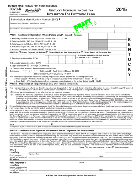 Form 8879-K Draft - Kentucky Individual Income Tax Declaration For Electronic Filing - 2015 Printable pdf