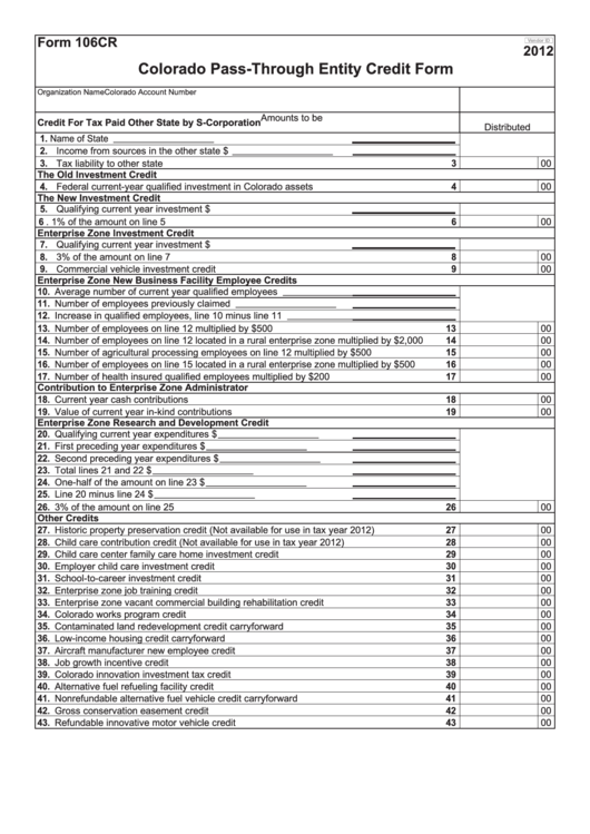 Fillable Form 106cr Colorado PassThrough Entity Credit Form 2012