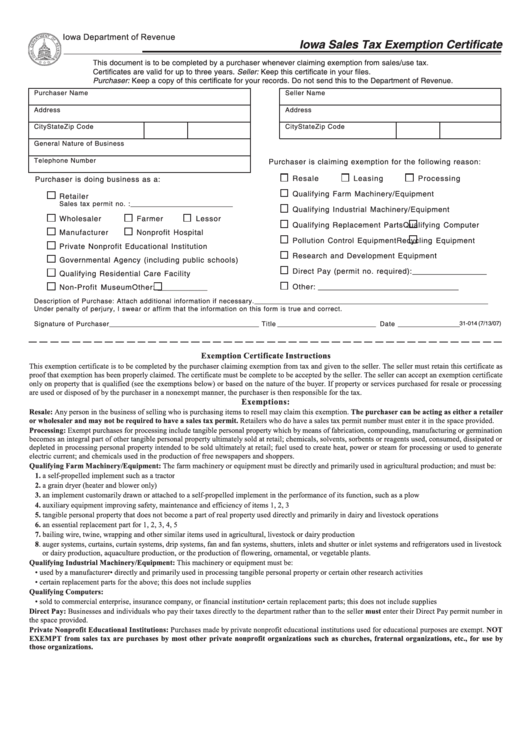 Form 31-014 - Iowa Sales Tax Exemption Certificate - 2007 Printable pdf