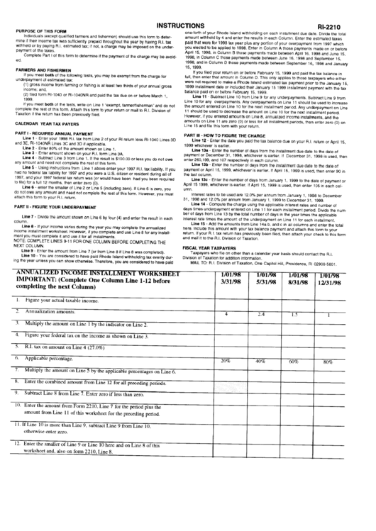 Fillable Form Ri-2210 - Underpayment Of Estimated Tax By Individuals - 1998 Printable pdf