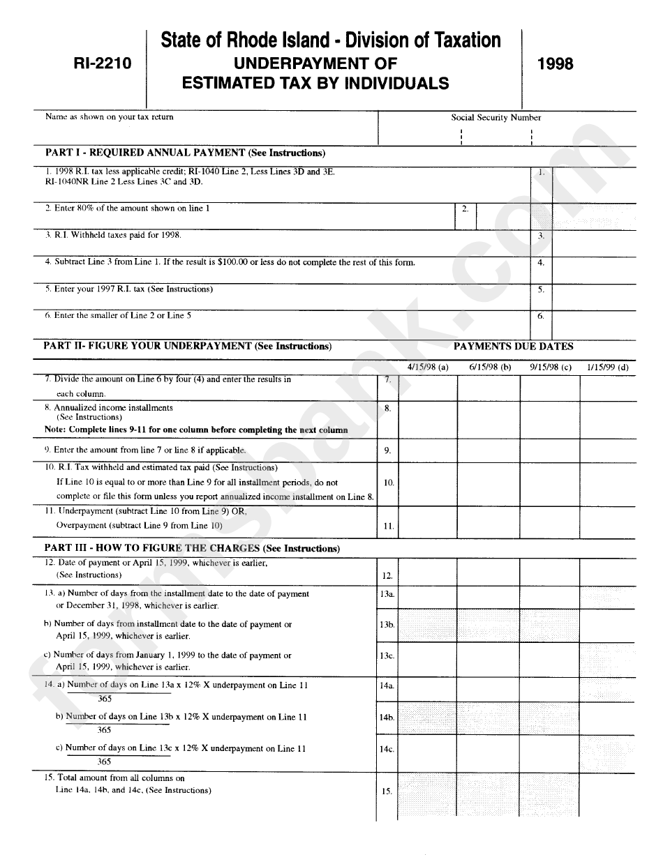 Form Ri-2210 - Underpayment Of Estimated Tax By Individuals - 1998
