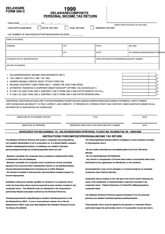 Delaware Form 200-C - Delaware Composite Personal Income Tax Return - 1999 Printable pdf